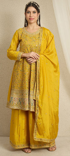 Yellow color Salwar Kameez in Chinon Silk fabric with Embroidered, Sequence work