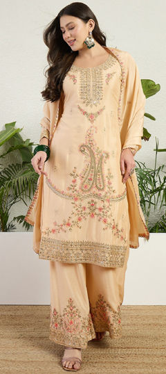 White and Off White color Salwar Kameez in Chinon Silk fabric with Embroidered, Sequence work