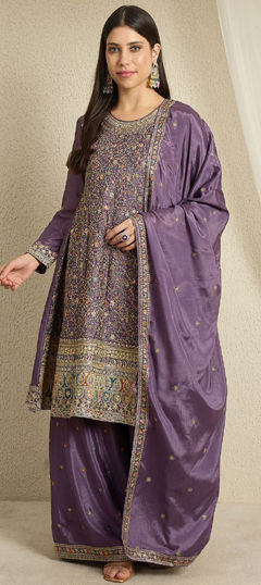 Purple and Violet color Salwar Kameez in Chinon Silk fabric with Embroidered, Sequence work