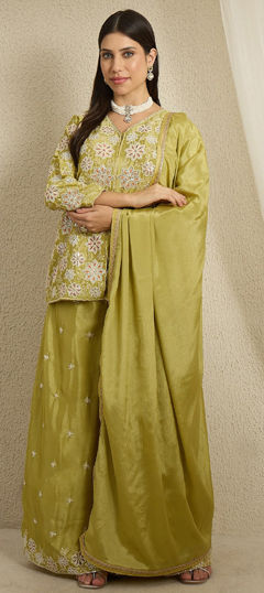 Green color Salwar Kameez in Chinon Silk fabric with Embroidered, Sequence work