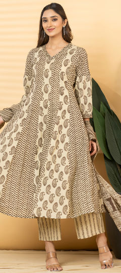 Beige and Brown color Salwar Kameez in Cotton fabric with Mirror, Printed, Zardozi work