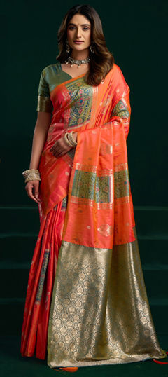 Orange color Saree in Silk fabric with Weaving work