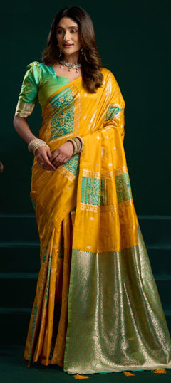Yellow color Saree in Silk fabric with Weaving work