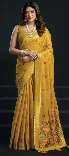 Yellow color Saree in Cotton fabric with Weaving work