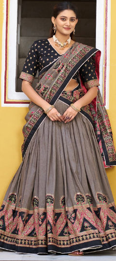 Black and Grey color Lehenga in Tussar Silk fabric with Printed work