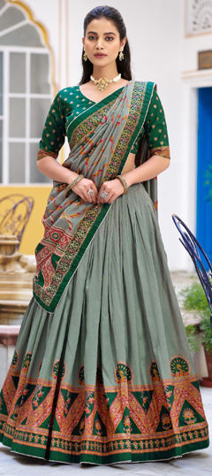 Green color Lehenga in Tussar Silk fabric with Printed work