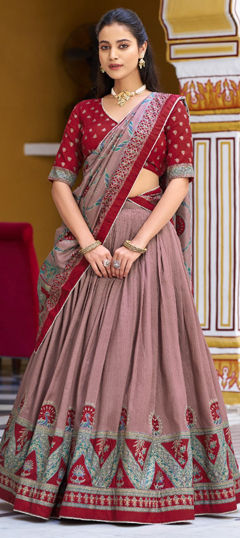 Red and Maroon color Lehenga in Tussar Silk fabric with Printed work