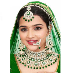 Gold Rodium Polish Green color Bridal Jewelry in Metal Alloy studded with Kundan