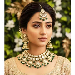 Gold Rodium Polish Green color Necklace in Metal Alloy studded with Kundan
