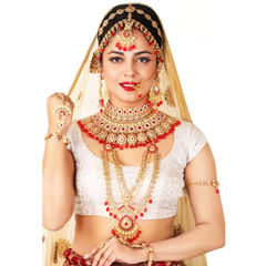 Gold Rodium Polish Red and Maroon color Necklace in Metal Alloy studded with Kundan