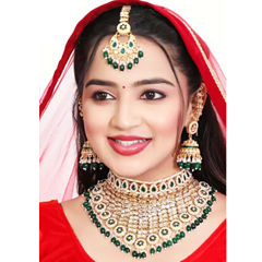 Gold Rodium Polish Green color Necklace in Metal Alloy studded with Kundan