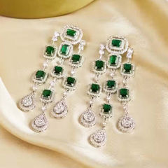 Silver Rodium Polish Green color Earrings in Metal Alloy studded with Austrian diamond