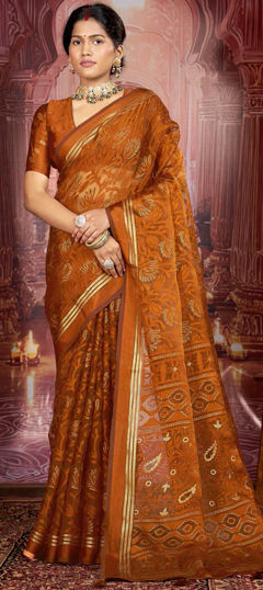 Beige and Brown color Saree in Silk fabric with Weaving work