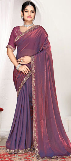 Purple and Violet color Saree in Tissue fabric with Zircon work