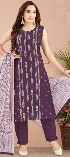 Purple and Violet color Salwar Kameez in Silk fabric with Embroidered work