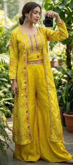 Yellow color Salwar Kameez in Chinon Silk fabric with Bandhej, Embroidered, Printed work