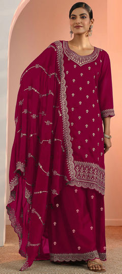 Pink and Majenta color Salwar Kameez in Georgette fabric with Embroidered, Sequence work
