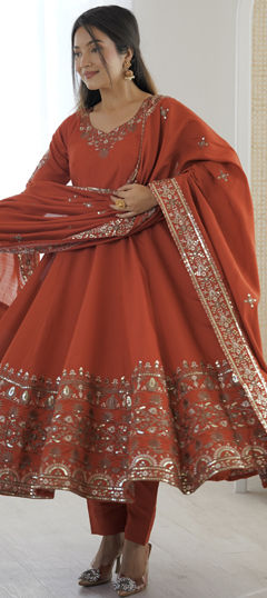 Orange color Salwar Kameez in Roman Silk fabric with Embroidered, Sequence work