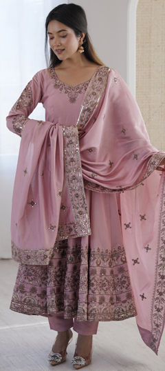 Pink and Majenta color Salwar Kameez in Roman Silk fabric with Embroidered, Sequence work