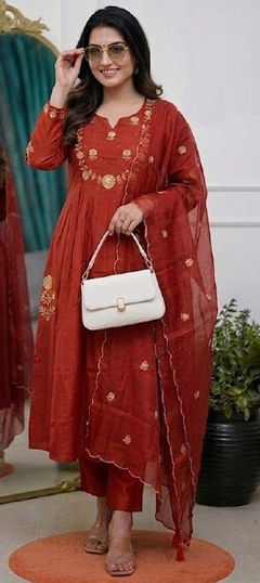 Red and Maroon color Salwar Kameez in Chanderi Silk fabric with Embroidered work