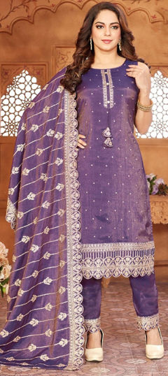 Purple and Violet color Salwar Kameez in Silk fabric with Embroidered, Sequence work