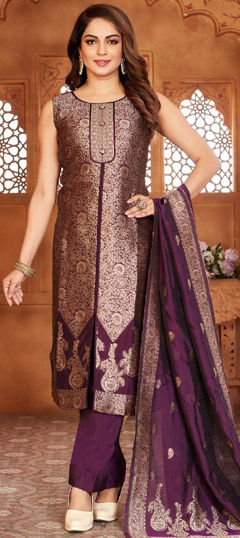 Purple and Violet color Salwar Kameez in Silk fabric with Weaving work