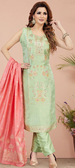 Green color Salwar Kameez in Silk fabric with Embroidered, Mirror, Sequence work