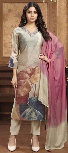 Beige and Brown color Salwar Kameez in Chanderi Silk fabric with Embroidered, Floral, Printed work