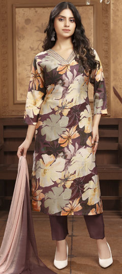 Beige and Brown color Salwar Kameez in Chanderi Silk fabric with Embroidered, Floral, Printed work