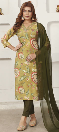 Green color Salwar Kameez in Chanderi Silk fabric with Embroidered, Floral, Printed work