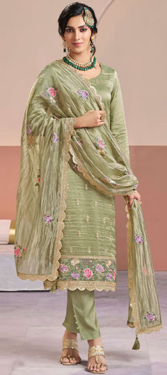 Green color Salwar Kameez in Silk fabric with Embroidered, Sequence work