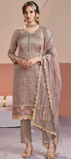 Beige and Brown color Salwar Kameez in Silk fabric with Embroidered, Sequence work