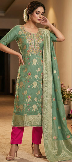 Green color Salwar Kameez in Cotton fabric with Sequence, Weaving work