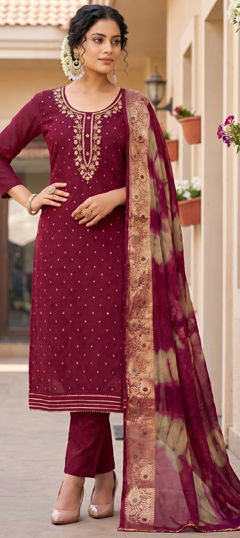 Red and Maroon color Salwar Kameez in Cotton fabric with Embroidered, Lace work