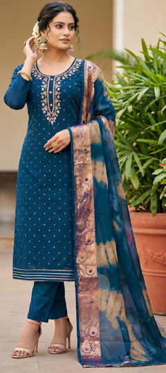 Blue color Salwar Kameez in Cotton fabric with Embroidered, Lace work