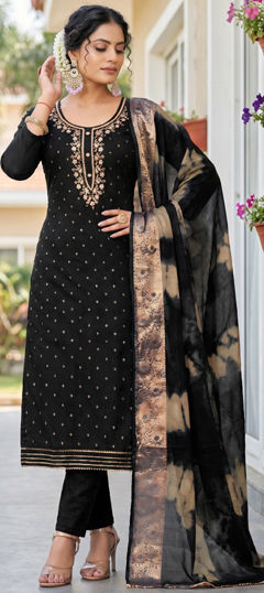 Black and Grey color Salwar Kameez in Cotton fabric with Embroidered, Lace work