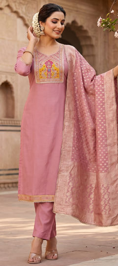 Pink and Majenta color Salwar Kameez in Silk cotton fabric with Cut Dana, Stone, Zardozi work