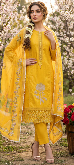 Yellow color Salwar Kameez in Roman Silk fabric with Embroidered, Sequence work