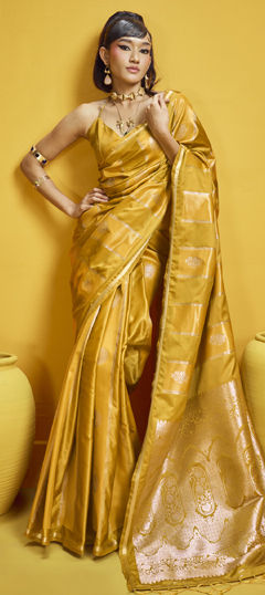 Gold color Saree in Satin Silk fabric with Weaving work