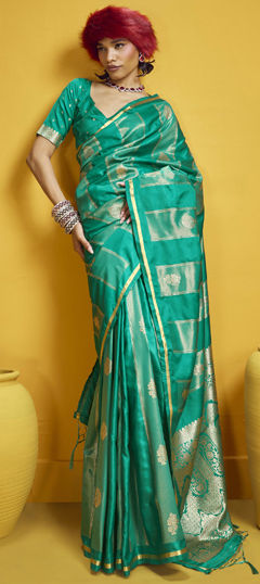 Green color Saree in Satin Silk fabric with Weaving work