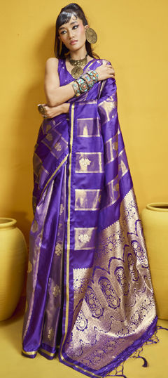 Purple and Violet color Saree in Satin Silk fabric with Weaving work