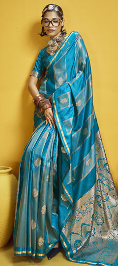 Blue color Saree in Satin Silk fabric with Weaving work