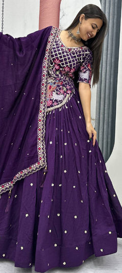 Purple and Violet color Long Lehenga Choli in Silk fabric with Embroidered, Resham, Thread work