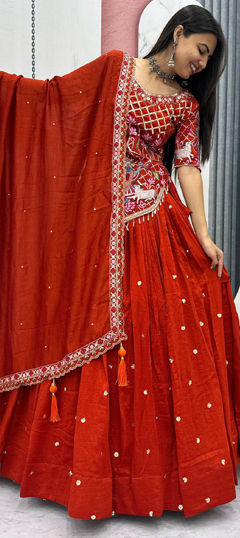 Orange color Long Lehenga Choli in Silk fabric with Embroidered, Resham, Thread work