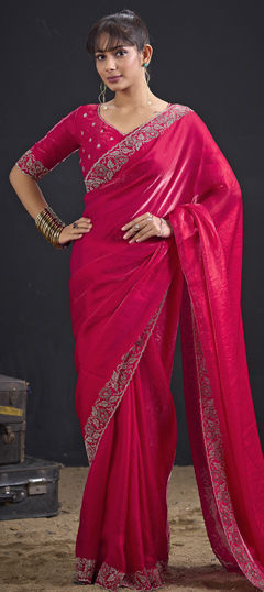 Pink and Majenta color Saree in Tissue fabric with Zircon work