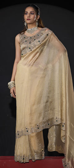 Beige and Brown color Saree in Kanjeevaram Silk fabric with Zircon work