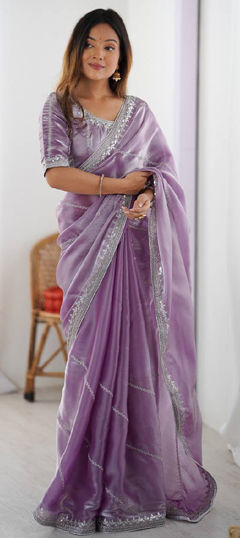 Purple and Violet color Saree in Organza Silk fabric with Sequence, Thread work