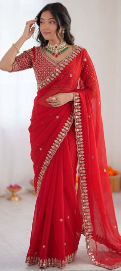 Red and Maroon color Saree in Organza Silk fabric with Bugle Beads, Sequence work