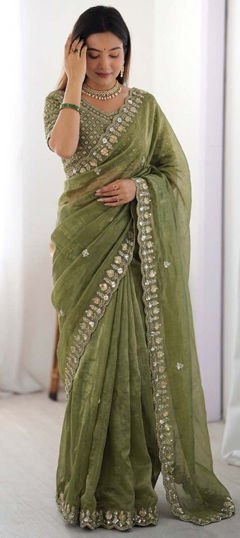 Red and Maroon color Saree in Organza Silk fabric with Bugle Beads, Sequence work