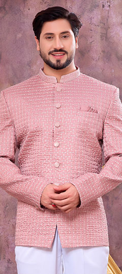 Pink and Majenta color Blazer in Art Silk fabric with Bugle Beads, Thread work